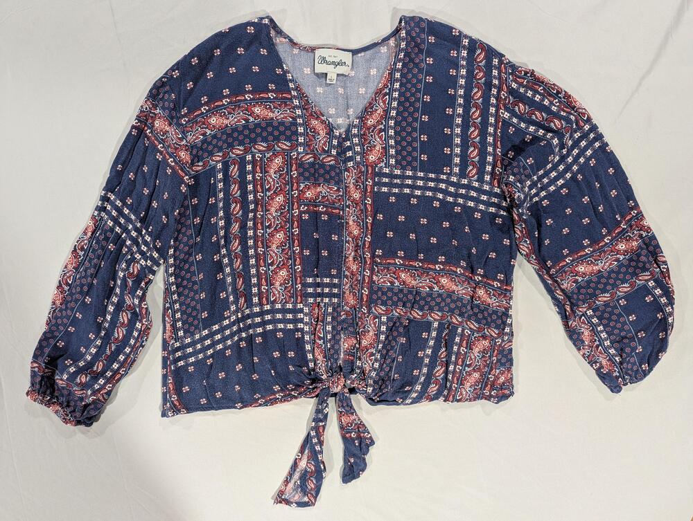 Wrangler Shirt Womens L Blue Paisley Tie Front Cropped Long Sleeve Boho Blouse